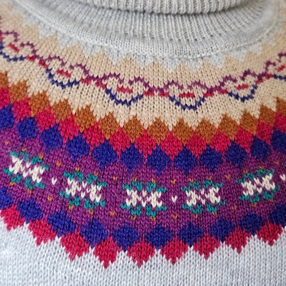 Vintage 70s 80s Celebration Grey Fair Isle Turtleneck Sweater Dress Belt Midi M - Picture 4 of 8